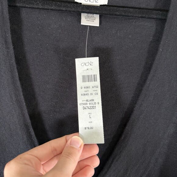 New Cache Sweater Women's Large Black V Neck Short Sleeve Flax Cotton $78 - Picture 3 of 6